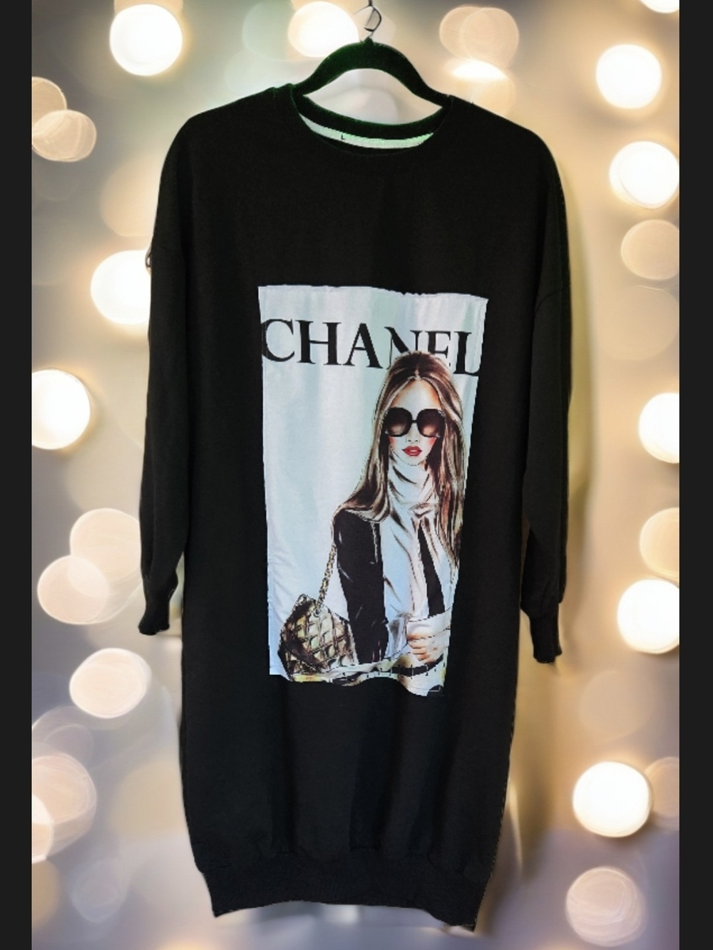 Black Graphic Crewneck Dress